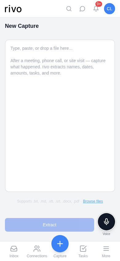 New capture form on mobile showing text area, file support, and extract button