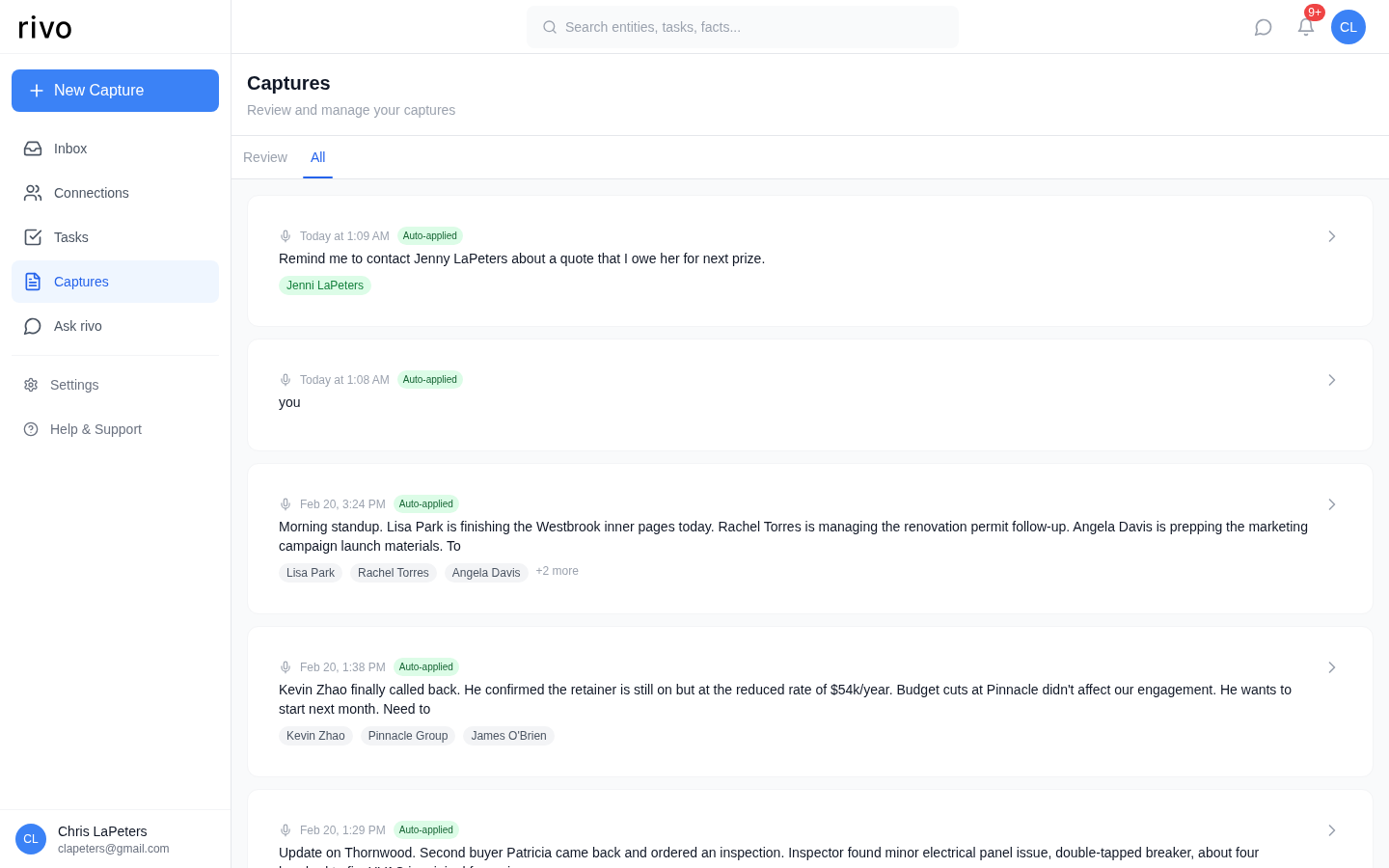 Captures list on desktop showing Review and All tabs with entity tags
