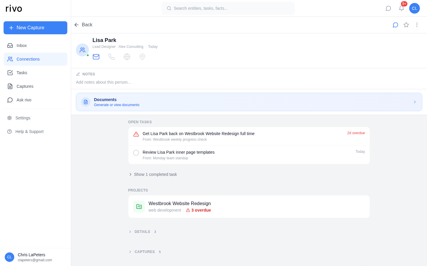 Entity detail page for Lisa Park showing notes, tasks, projects, and details