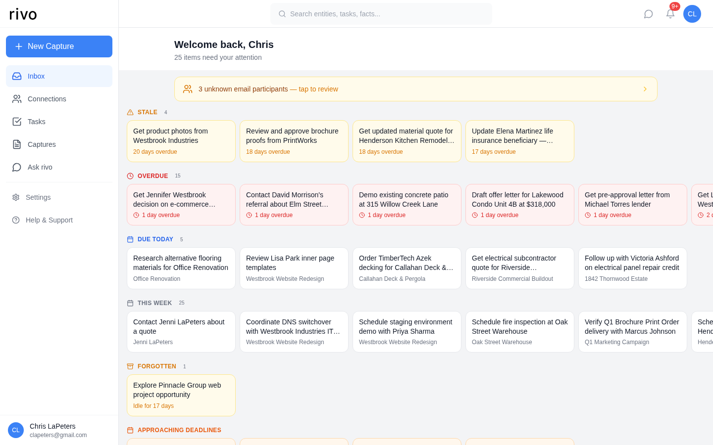 Inbox showing prioritized sections: Stale, Overdue, Due Today, This Week, Forgotten